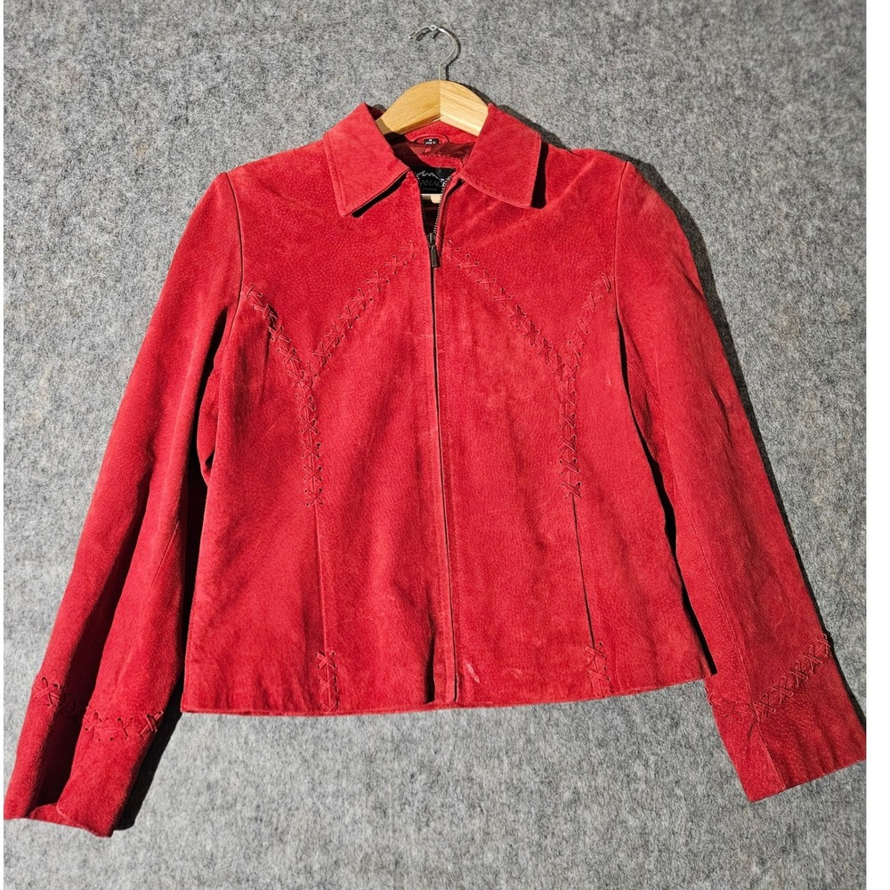 MontanaCo Suede Leather Jacket Womens M Red Whipstitch Full Zip Western